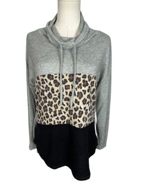 Haptics Colorblock Leopard Pullover Cowl Neck Top - Gray, Black, Leopard Size M